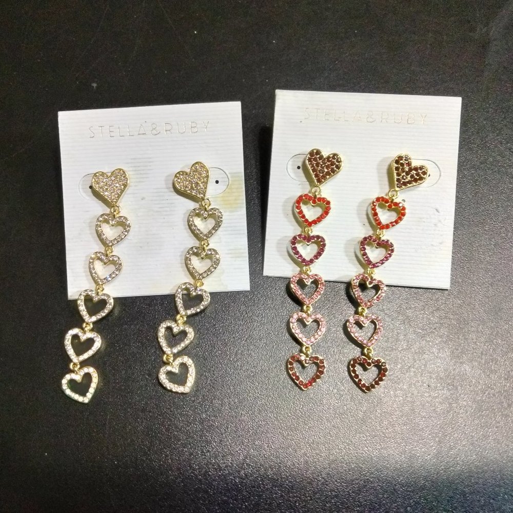 Lot-2 pairs STELLA & RUBY Earrings Hearts Hanging Inline Pave NOS ++READ++